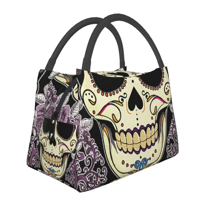 

La Calavera Catrina Purple Sugar Skull Thermal Insulated Lunch Bags Horror Dead Portable Lunch Container for Picnic Food Box