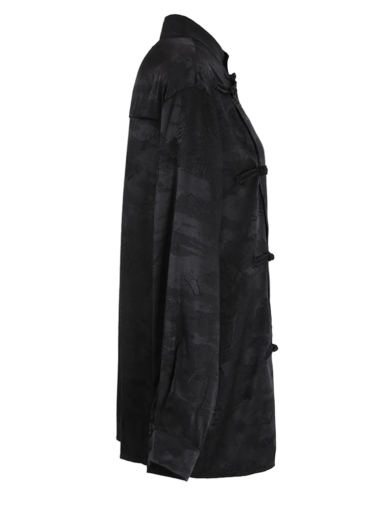 Женская винтажная жаккардовая блузка EAM черная рубашка большого размера с