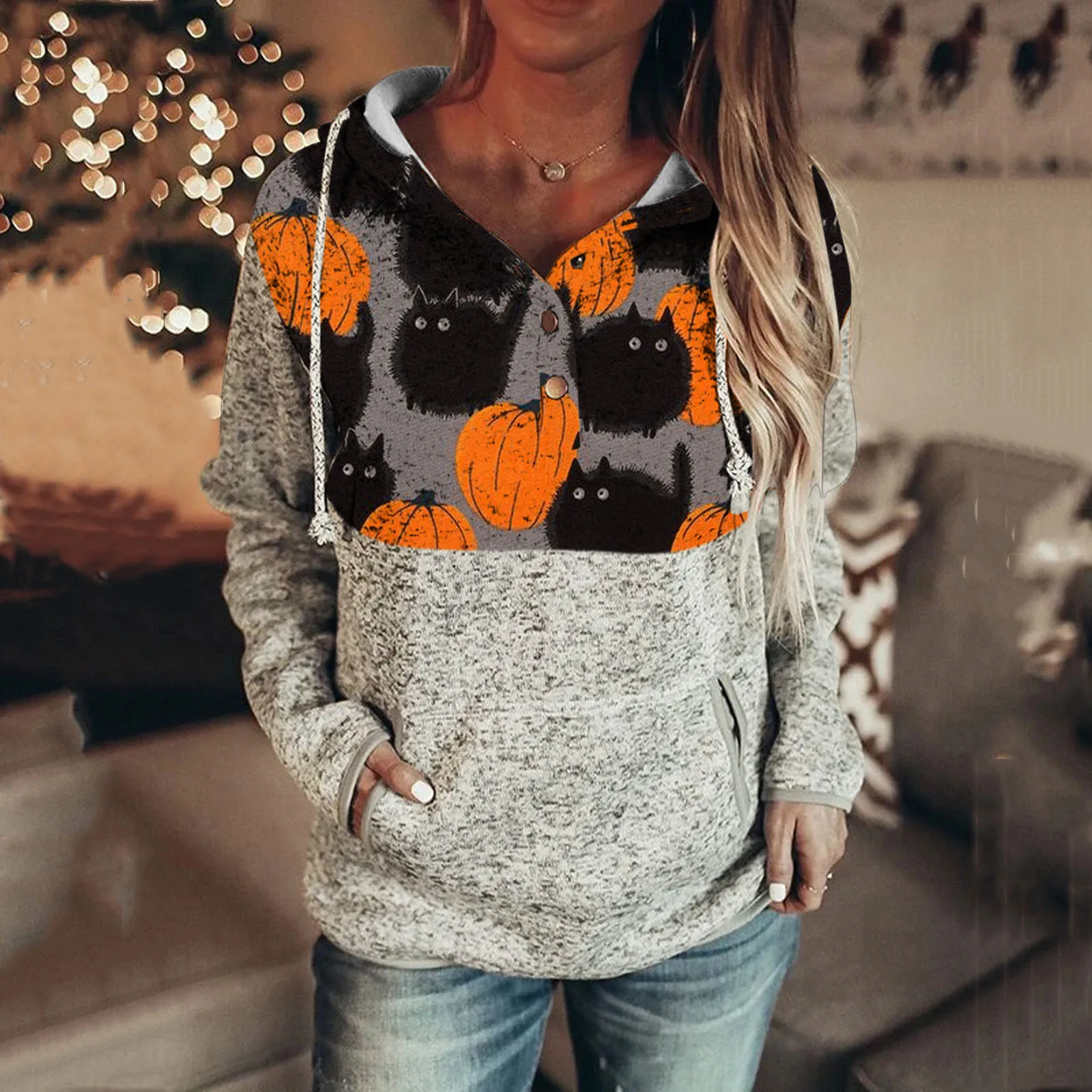 

Womens Hooded Sweatshirts Women's Halloween Loose Hoodie Long Sleeve Cat Printed Crewneck Sleeveless Fleece Sweatshirts Women