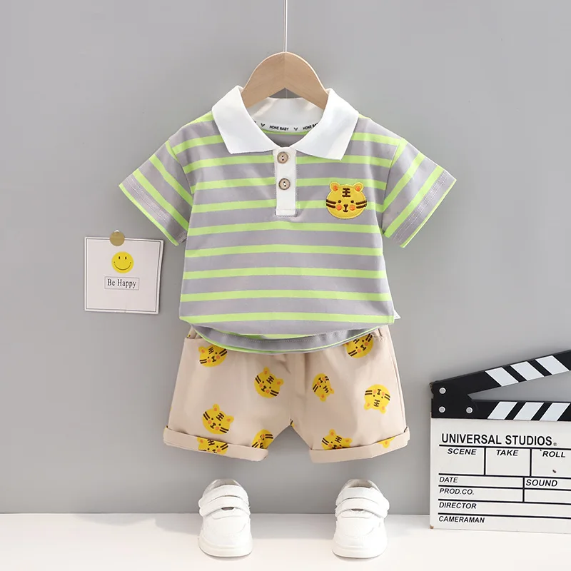 

Fashion Summer Kids Baby Boys Cartoon Black&white Stripes Suits Short Sleeve with T-Shirt+Shorts Casual Girls Clothing 2PCS/Set