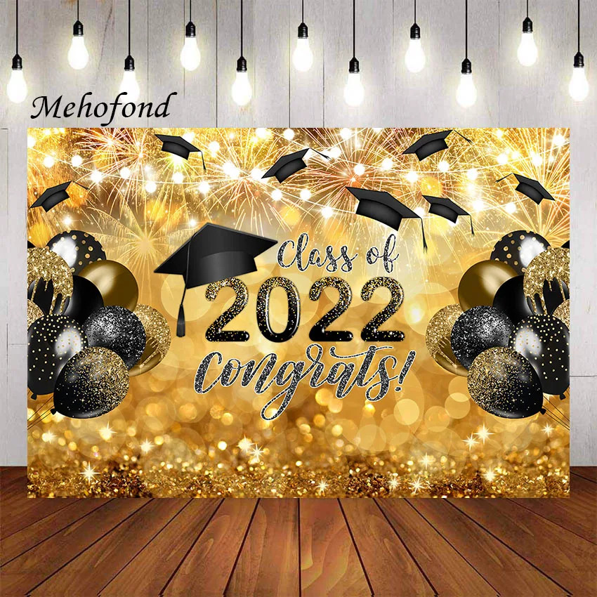 

Mehofond Photography Background Graduation Black and Gold Balloons Bachelor Cap Congrats Grad Prom Decor Backdrop Photo Studio