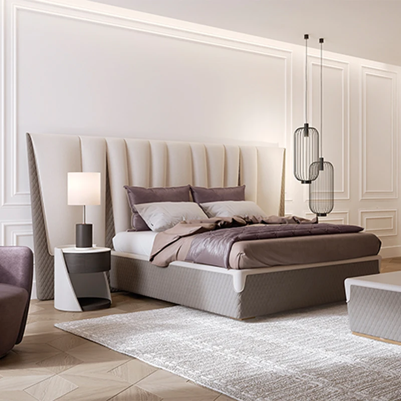 

Italian style light luxury double bed large apartment master bedroom leather art bed 1.8m villa large bed customization