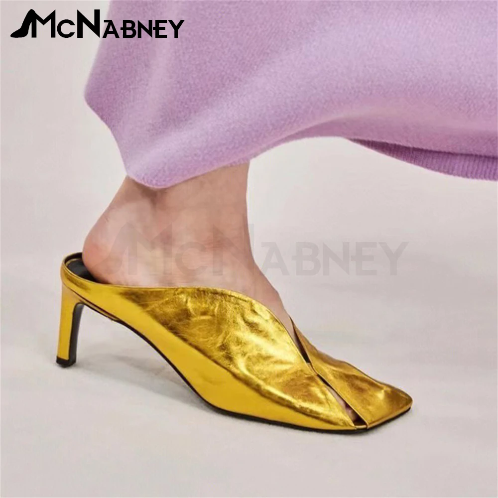 

Gold Square Toe Stiletto Slippers Fashion Designer Style Summer Shoes Low Heel Slip On High Heels Novelty Design Women Slippers