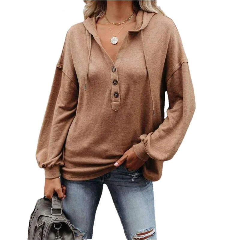 

Autumn Women Button Drawstring Loose Hooded Sweatshirt Casual V-Neck Solid Color Long Sleeve Henley Shirt Lady Pullover Hoodies