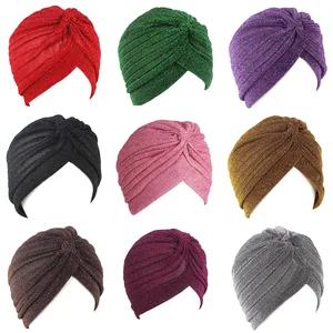 Women Fashion Bling Gold Silk Headband Knot Twist Turban Cap Warm Headwear Casual Indian Hat Soft Woolen Knitting Hats
