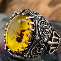 new retro tow tone carving pattern ant rings for men yellow cz stone inlay punk fashion jewelry wedding party gift finger ring