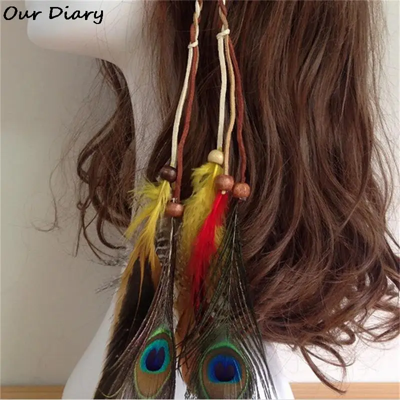 

For women girl hair head bands hairband ornaments tiara decorations bohemian peacock feather braided headband beach accessories