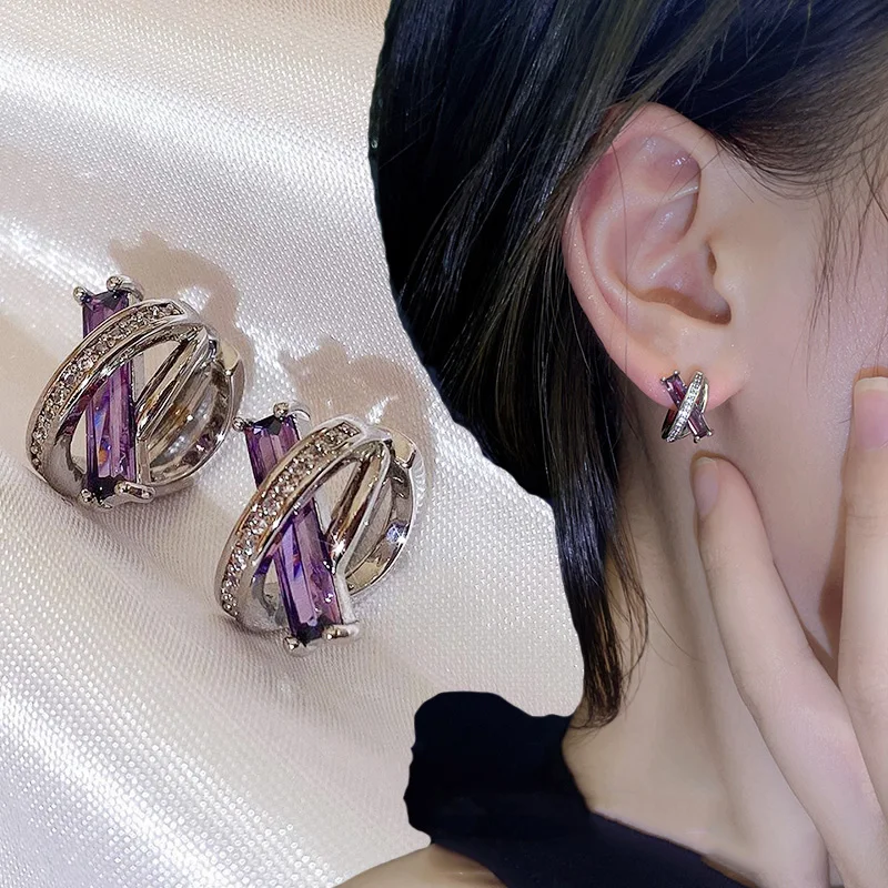 

Luxury Purple Zircon Hoop Earrings Women Girls Fashion Statement Ear Buckle for Anniversary Birthday Jewelry Gifts