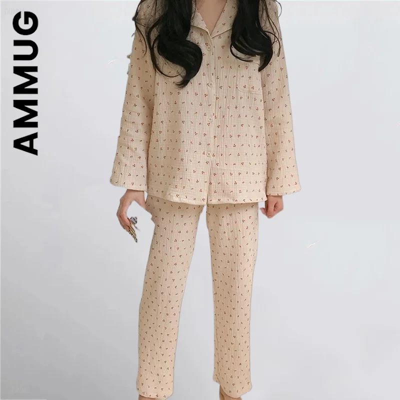 

Ammug Fashion Women Pajamas Leisure Cotton Button Shirt+Trousers Set Print Pajamas Loose Female Clothes Underwear