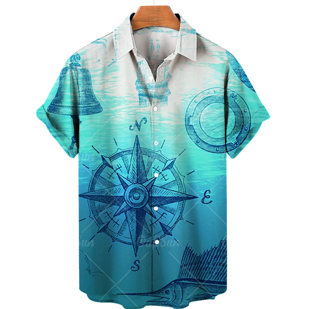 Hawaiian Vintage Men's Shirt for Men and Women Loose Short Sleeve Large 3D Sailboat Print Ocean Compass Shirt
