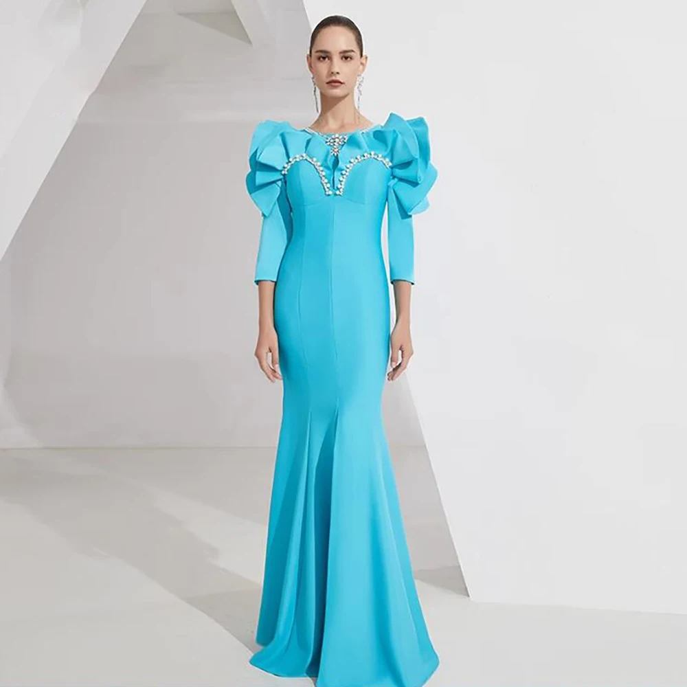 

Женское вечернее платье с синей юбкой-годе и бусинами, новое модное элегантное вечернее платье с уникальной текстурой для торжественных сл...