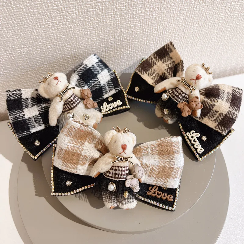 

Barrette for Women Girl Hair Accessories Fashion Fabric Plaid Bear Animal Hair Clip Hairpin Wholesale