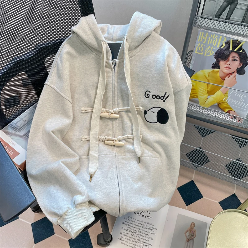 

Women's Autumn Winter Thick Hooded Sweatshirts Cartoon Letter Fashionable Cardigans Harajuku Solid Color Drawstring Hoodies