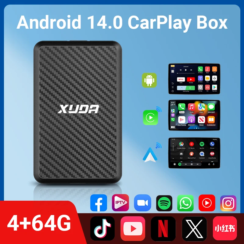 

XUDA Wireless CarPlay и Android Car Smart Mini Box Android 14 4 + 64 Поддержка Netflix YouTube Подходит для Toyota Audi Mercedes Benz