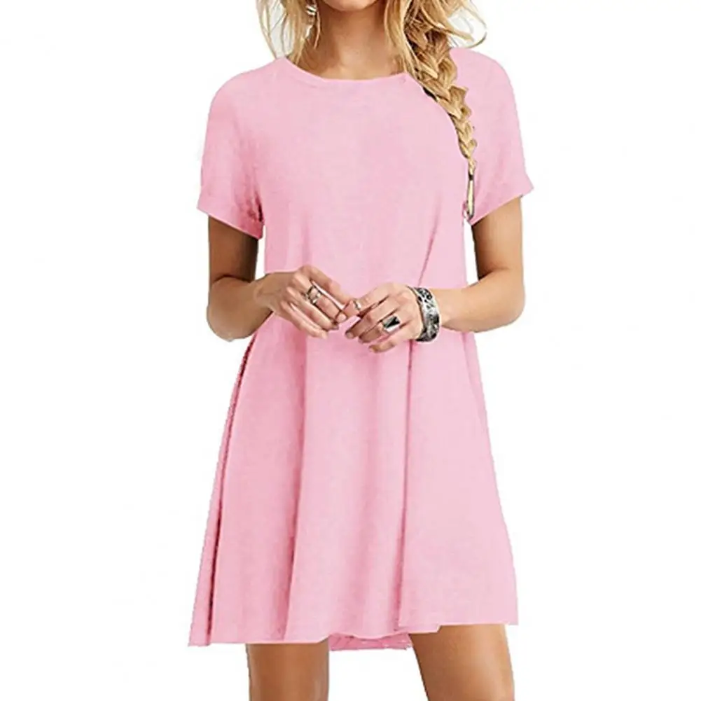 Women's Casual Dress Short Sleeves Knit T Shirt Swing Dress O-neck Stretchy Loose Hem Mini Dress Solid Color Lady Shirt Vestidos