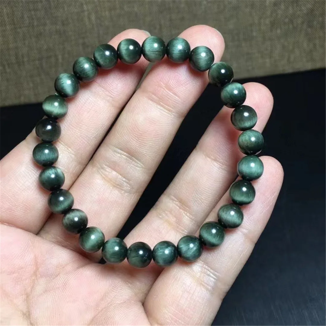

Натуральный зеленый рутилированный кварцевый браслет 7 мм для женщин и мужчин, подарок на удачу, хрустальный камень кошачий глаз, круглые бу...
