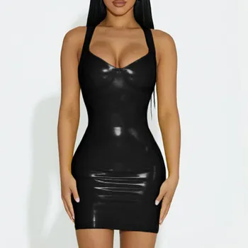 New PU Leather Women Sexy Bodycon Dress Bandage Sleeveless Backless Skinny Dress Club Evening Party Short Dress Clubwear Robe 1