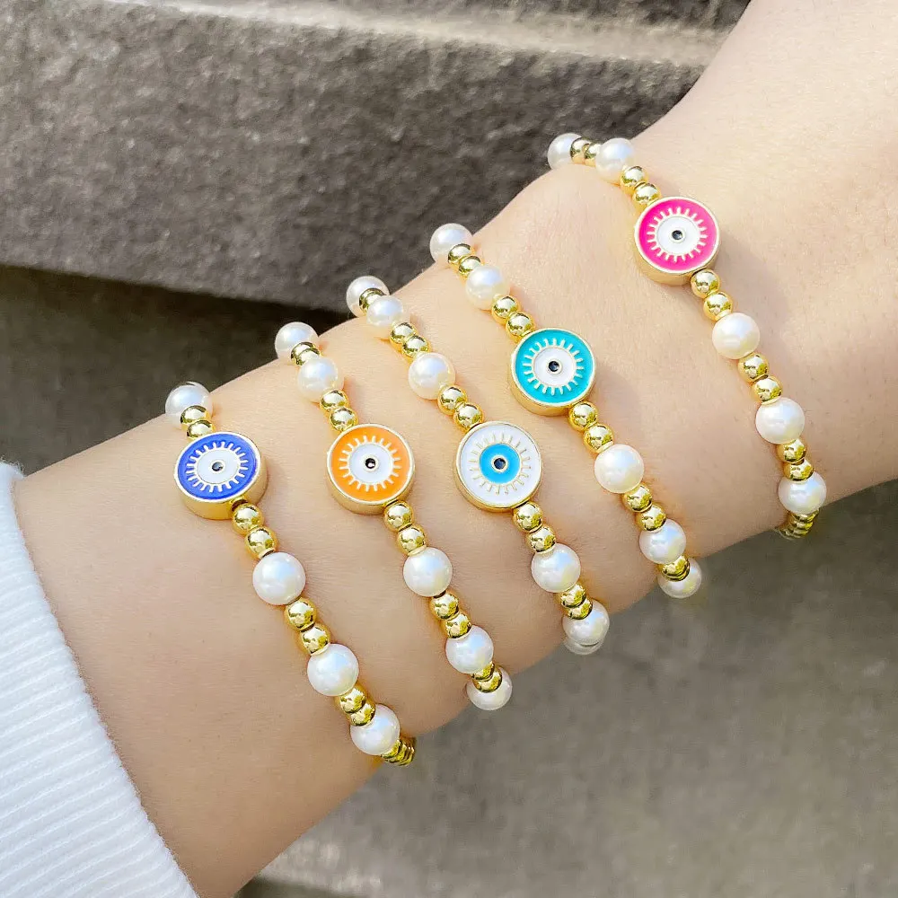 

Vlen Turkish Evil Eye Bracelet Jewelry for Women Gift Natural Shell Pearl Stretch Bracelets High Quality Gold Plated Pulseras