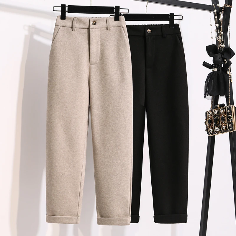 Winter Woolen Warm Thicken Pants Women Button Zipper Hemmed Suit Pencil Pants 5XL Office Ladies Boots Pants Trousers