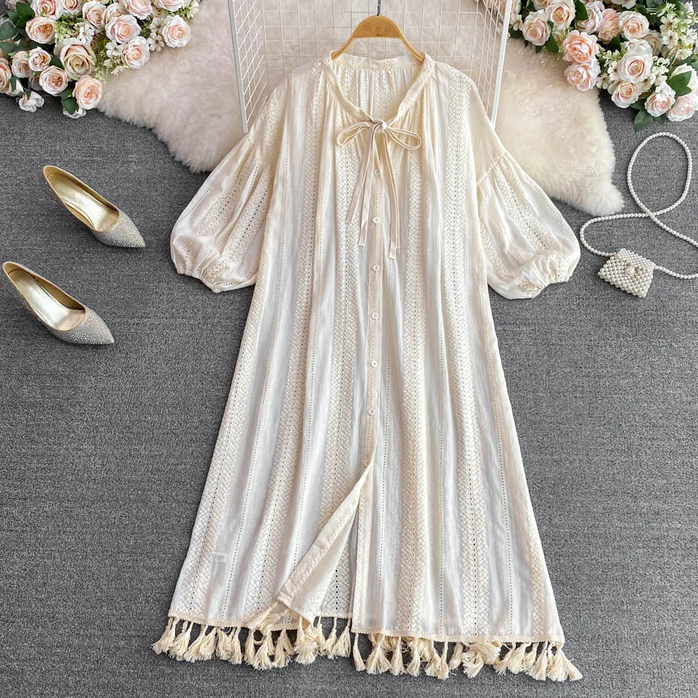 

Женское длинное платье в стиле бохо, свободное прямое платье макси с рукавами-фонариками и бахромой, праздничное пляжное платье на шнуровке...