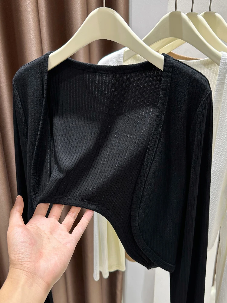 Ранняя осень черный вязаный кардиган с длинными рукавами и защитой от солнца