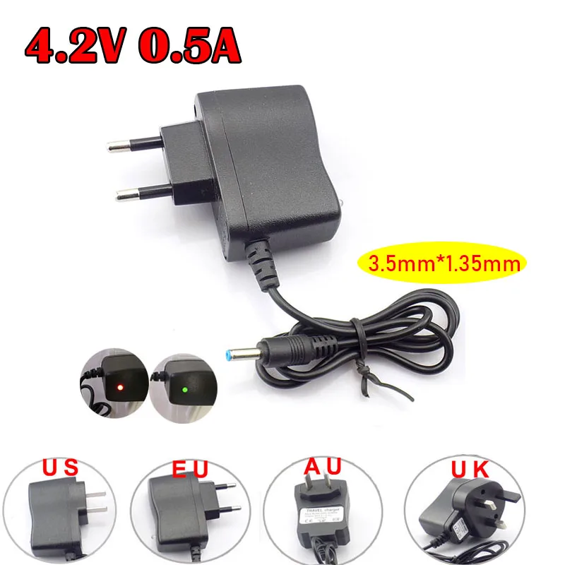 

Power Adapter AC To DC 4.2V 0.5A 500ma 3.7V 18650 Rechargeable Battery Torch Headlight Charging Supply 3.5mmx1.35mm Plug Charger