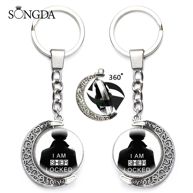 

Sherlock Moriartee 221B Pendant Keychains I AM SHER LOCKED Sherlock Theme Creative 360 Degrees Rotated Moon Glass Keyrings Gifts