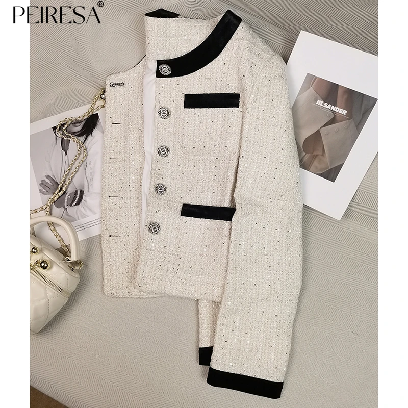 

PEIRESA 2023 Early Autumn Contrast Color Tweed Short Jacket For Women Sequins O Neck Long Sleeve Single Breasted Coat Outwears