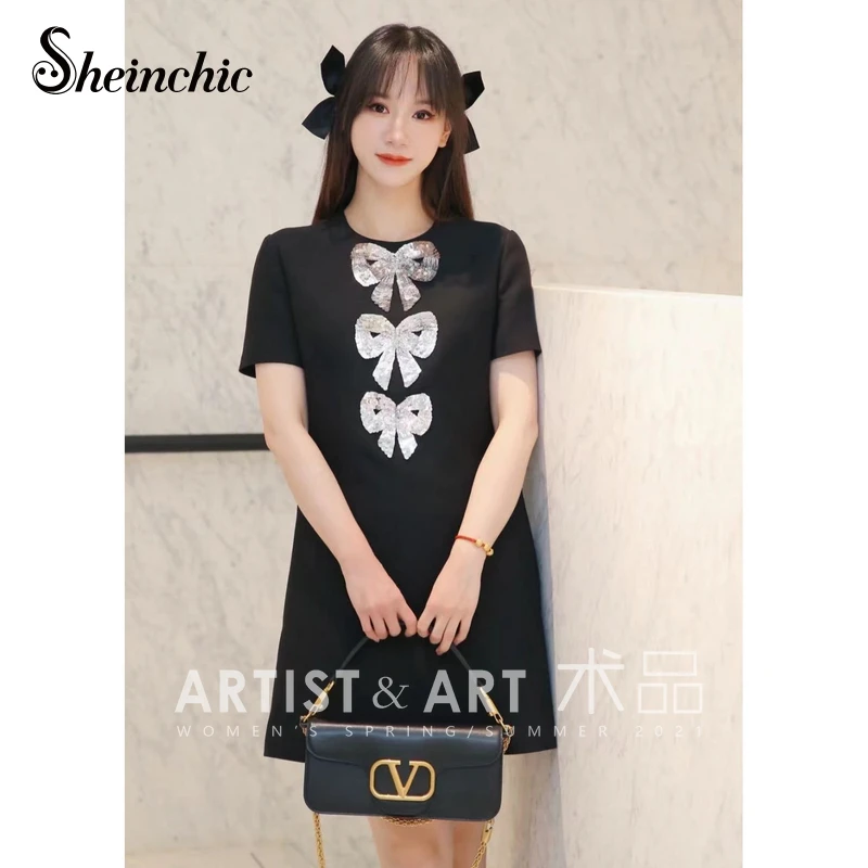 

Luxury Sequined Beading Bow Dresses for Women 2022 Vintage Elegant O-neck Short Sleeve Mini Party Dress Designers Summer Clothes