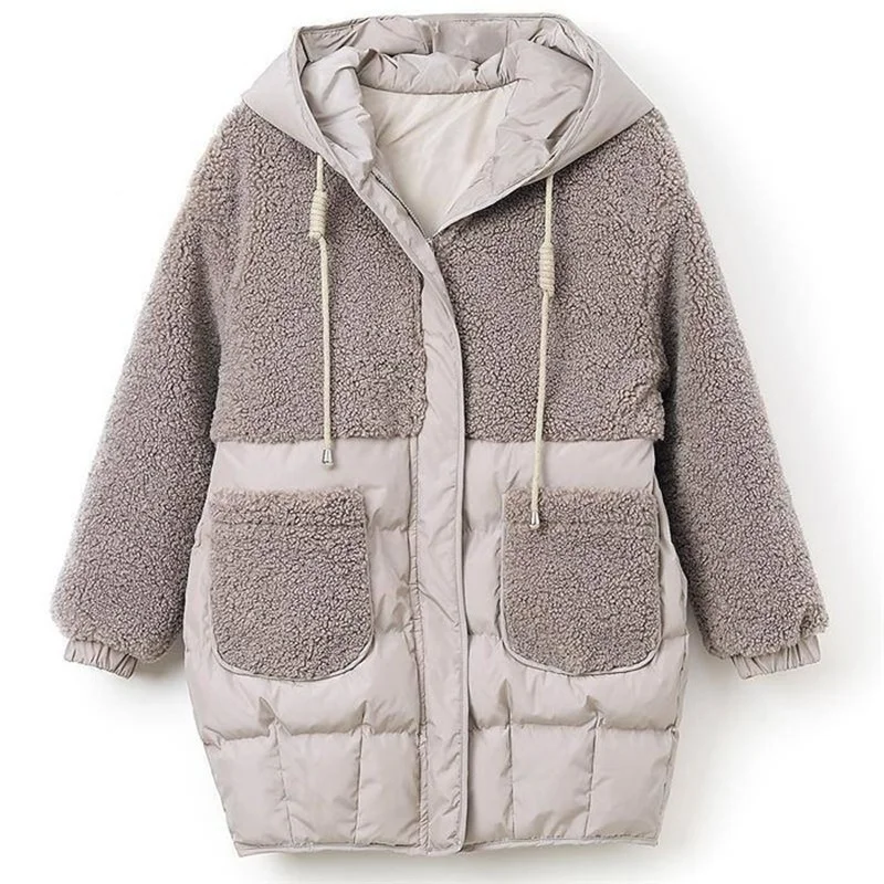 2022 Autumn New Parkas Jackets Female Women Oversize Lamb Teddy Splicing Hooded Coats Cotton Winter Jacket Womens Outwear Coat