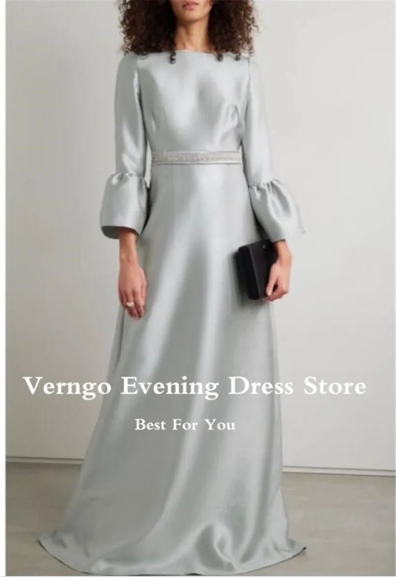 

Verngo Silver Silk Satin Evening Dresses Modest Vintage Long Sleeves Boat Neck Floor Length Formal Party Special Occasion Dress