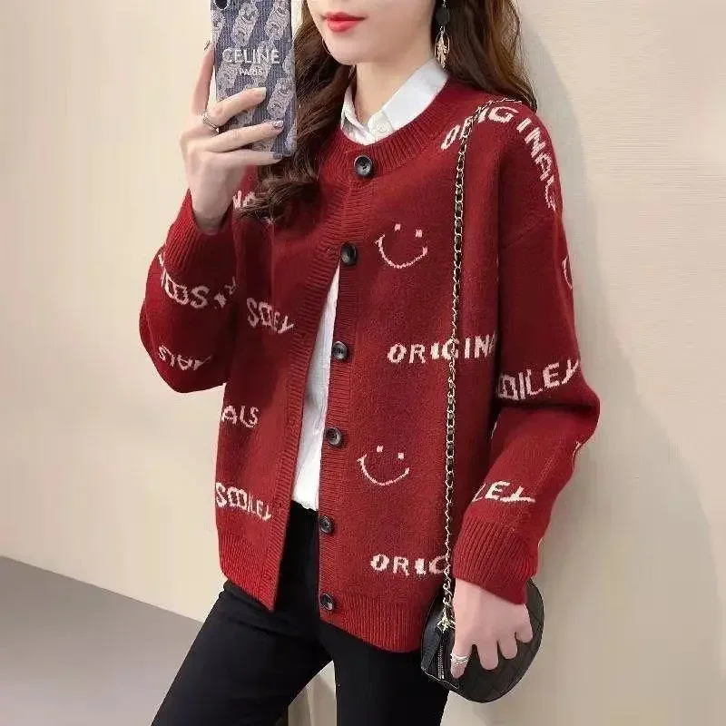 

Sweater Coat Women's Autumn New Loose and Lazy Style Round Neck Long-sleeved Letter Knitted Cardigan Top Spring and Autumn