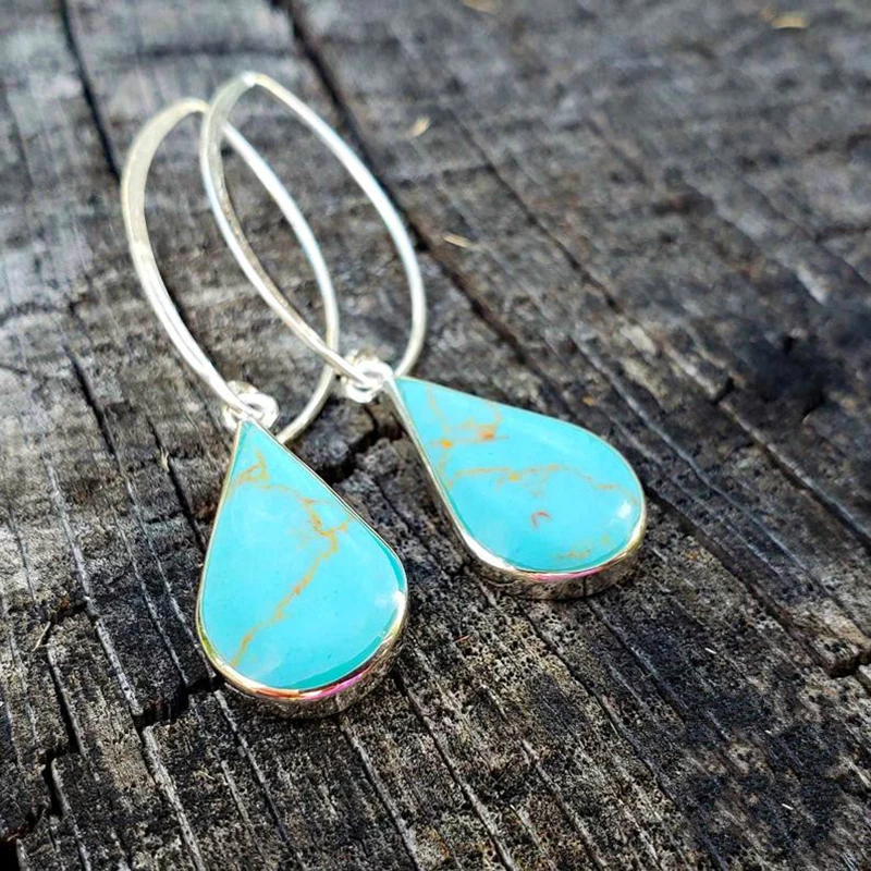 

：Turquoise Hook Earring for Women Girl Anniversary Gift Natural Blue Stone Anniversary Gift Boho December Birthstone Gold Vermei