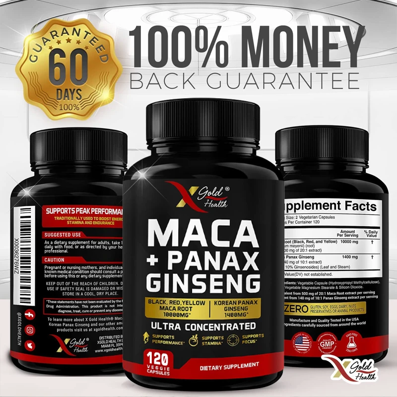 

Maca Root Capsules Concentrated Ginseng Extract Capsules - Enhances Energy, Endurance, Performance & Focus Non-GMO