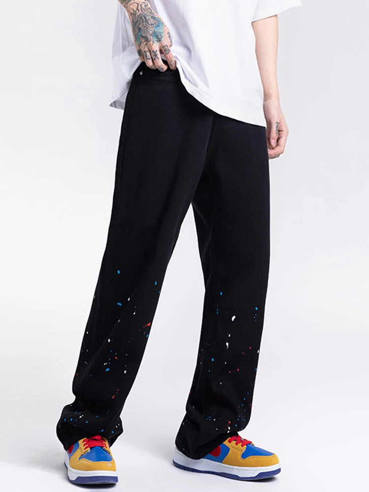 Four Seasons Men Jeans Trend High Street Ink Straight Loose Jeans Y2k Pants Korean Fashion Streetwear Men Clothing Ins Hot Sale