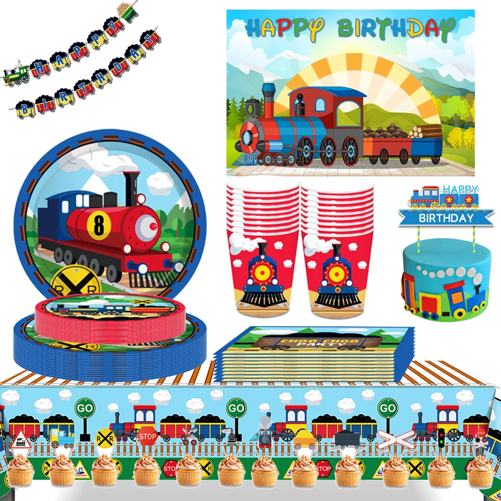 Cartoon Railway Train Game Birthday Party Disposable Tableware Balloon Cake Stand Banner Baby Shower Party Decors
