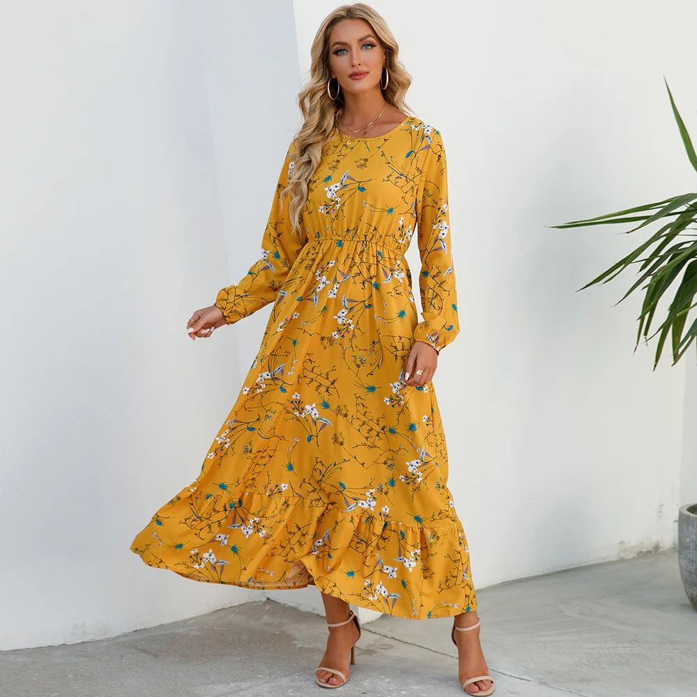 

2022 Sping Summer Bohemian Women Maxi Dress Casual Long Sleeve High Waist Beach Woman Chiffon Dresses Floral Vestidoes Mujer New