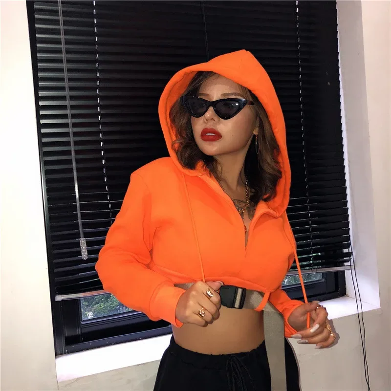 

Neon Orange Thick Hoodies 2021 Spring Streetwear Hooded Hoodies Women Long Sleeve Y2k Top Fashion Buckle Cropped Pullovers Tops