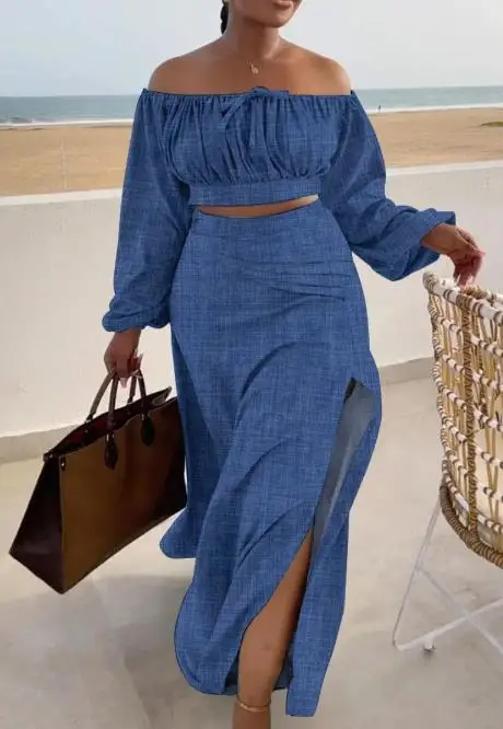 

Long Sleeves Casual Off Shoulder Split Holiday Long Dress Two Piece Set