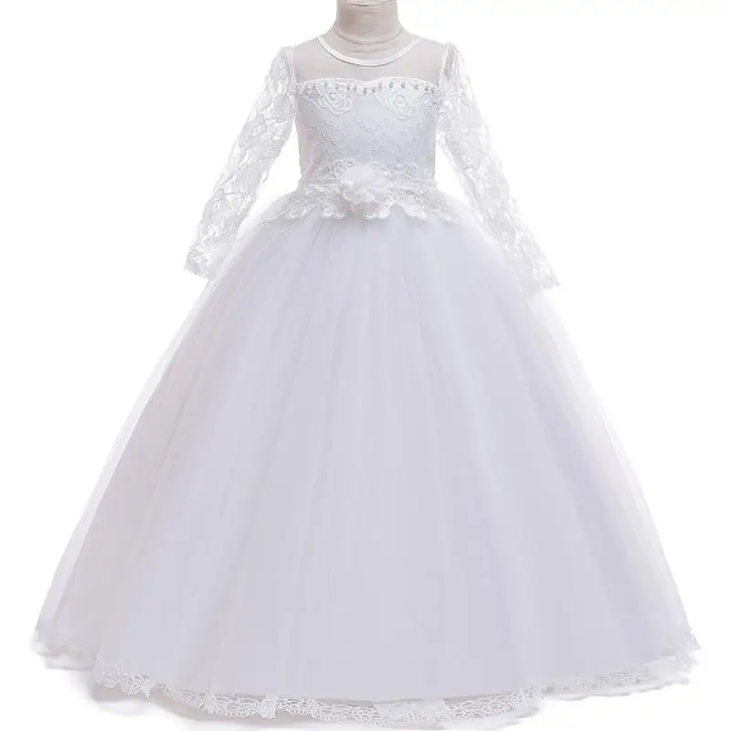 

4-15Yrs Kids Girls Long White Baptism Lace Flower Party Ball Gown Prom Dresses Kids Girl Princess Wedding Kids Communion Dress