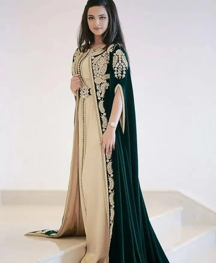 

Green Moroccan Kaftan Muslim Evening Dresses A-line Sheer Velvet Appliques Dubai Arabic Turkey Abaya Islamic Gown