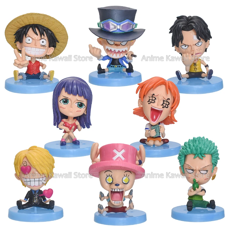 

Новинка 8 шт./компл. Аниме One Piece Зоро, Луффи Sanji Ace нами и Робин Brook Chopper детство кавайная Аниме Фигурка модель Статуя куклы
