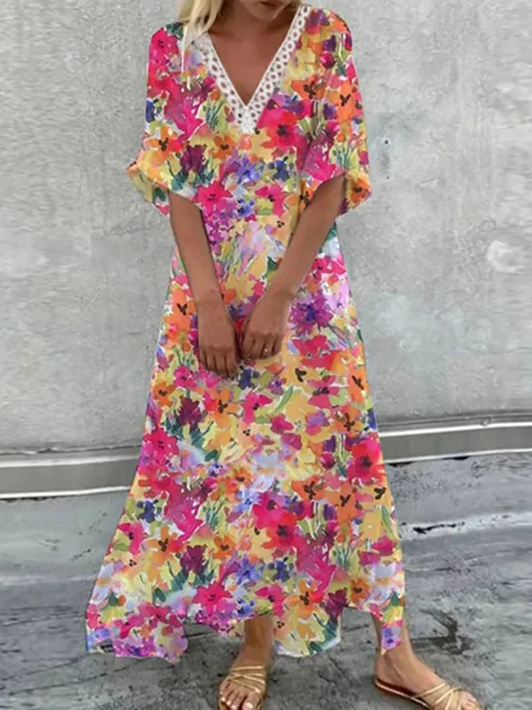 

Женское длинное пляжное платье с коротким рукавом, свободное праздвечерние чное Платье макси с богемным цветочным принтом и V-образным выре...