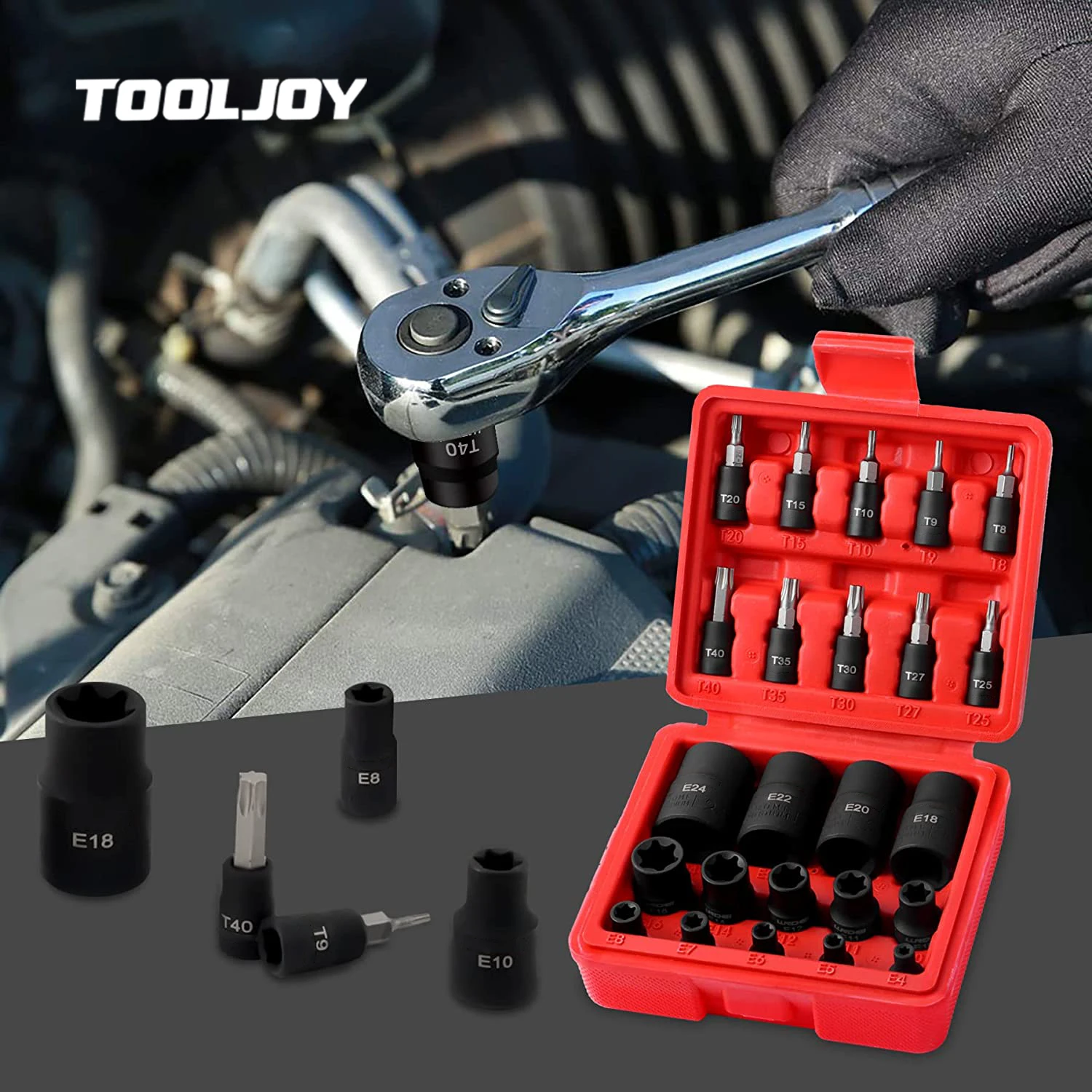 

Torx Bit Socket and Female External Socket Set 24PCS, 10 Star Socket Bits (T8-T25)& 14 Female E-Torx Sockets (E4-E24) 1/4
