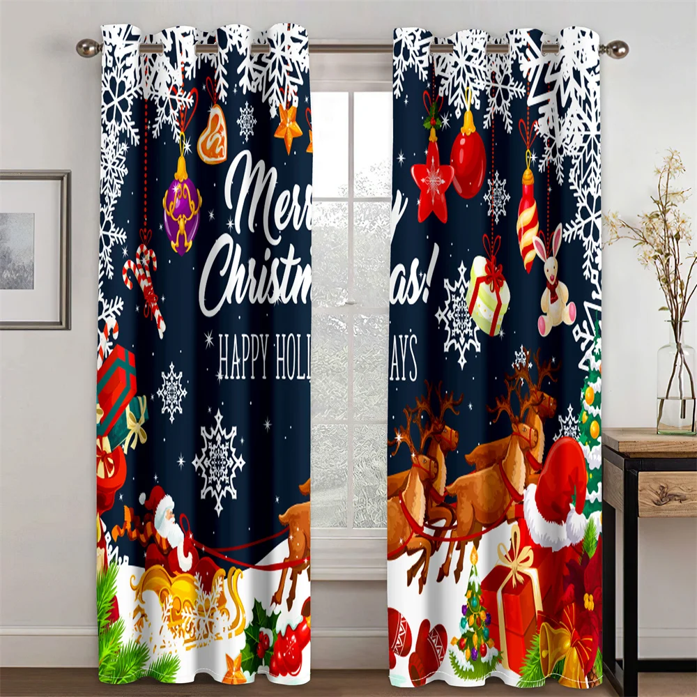 

3D Happy New Year Merry Elk Christmas Santa Claus Fireplace 2 Pieces Thin Shading Window Curtains for Living Room Bedroom Decor