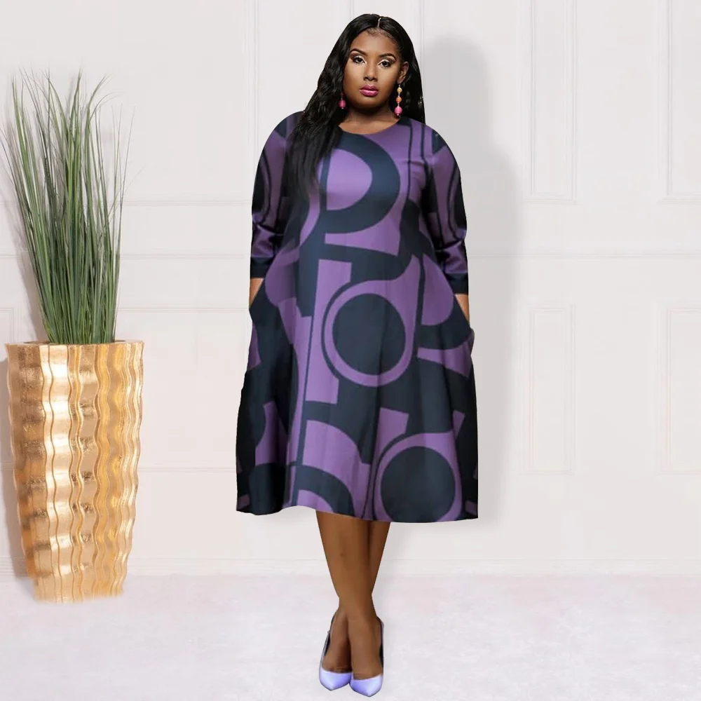 Plus Size Women's Dress New Fashion Autumn Winter Printing Round Neck Medium Sleeve Large Swing Dress Loose Female Clothes