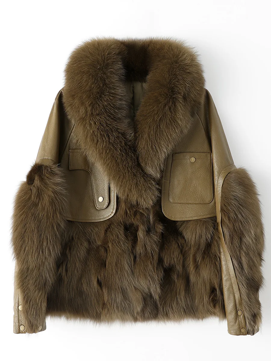 New Winter 2022 Fox fur coat Women's patchwork sheep fur large fur collar fashion coat