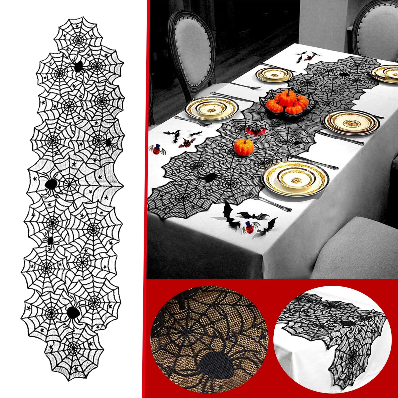 Halloween Decoration Halloween Festival Lace Table Runner Black Mesh Decoration Sequin Runners for Tables