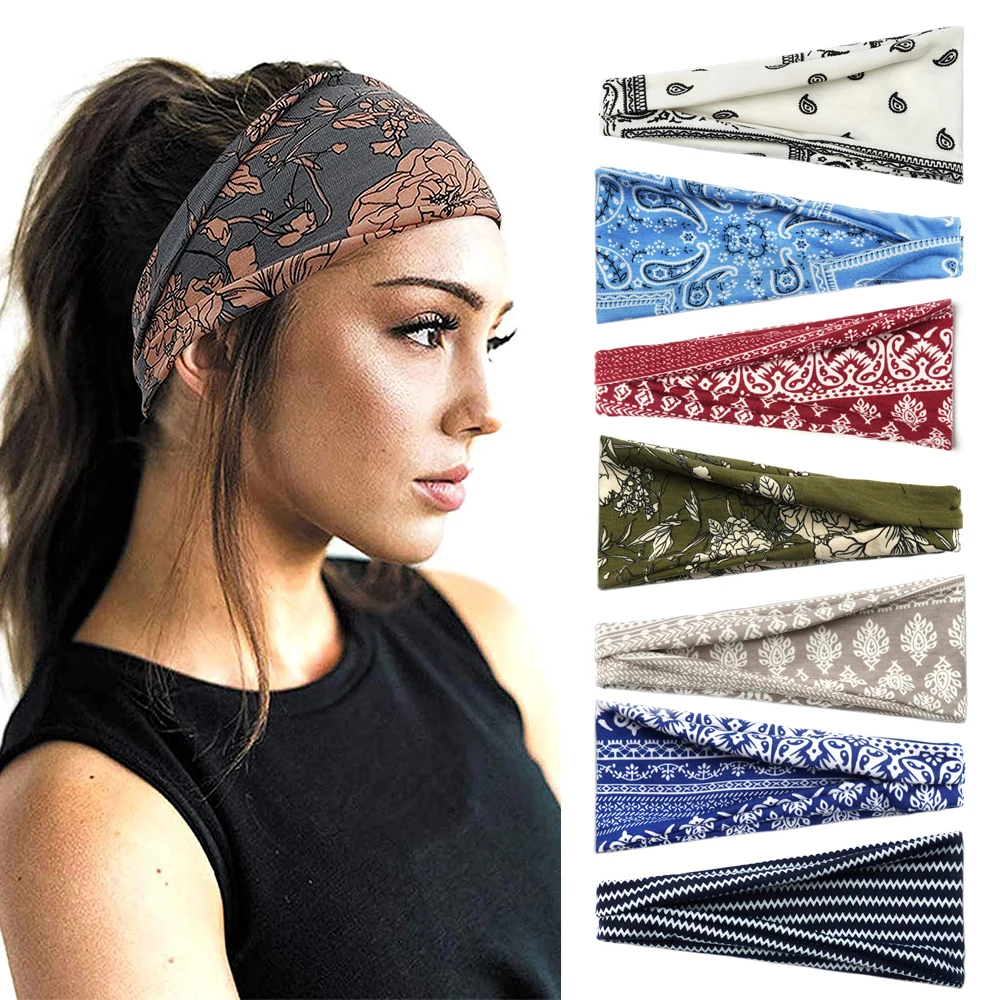 

Cotton Unisex Headwear Bohemian Style Flower Striped Printed Headband Elastic Twist Hairbands Yoga Sports Turban Head Wraps