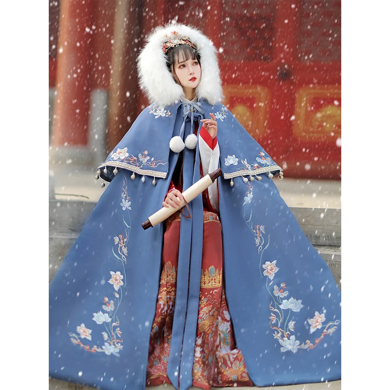 

3 Colors Deer Flower Pattern Hanfu Cloak Shawl Set Vintage Chinese Style Thicken Velvet Traditional Dress Cape Winter Clothes